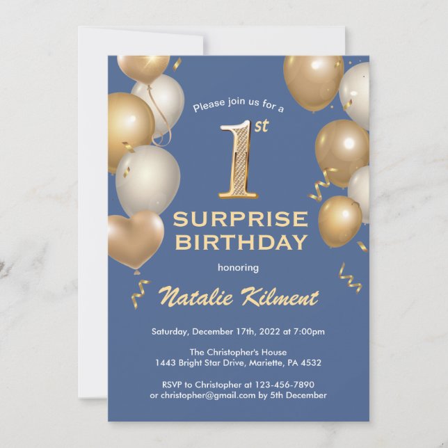 Surprise 1st Birthday Blue and Gold Balloons Invitation (Front)