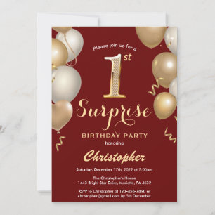 Surprise 1st Birthday Dark Red and Gold Balloons Invitation