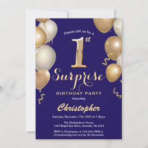 Surprise 1st Birthday Navy Blue and Gold Balloons Invitation