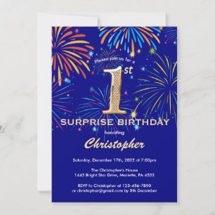 Surprise 1st Birthday Navy Blue & Gold Firework Invitation