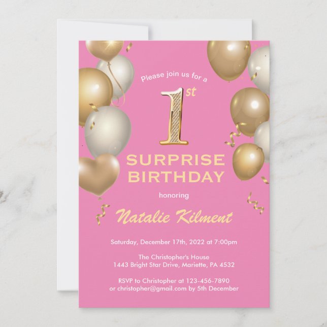 Surprise 1st Birthday Pink and Gold Balloons Invitation (Front)