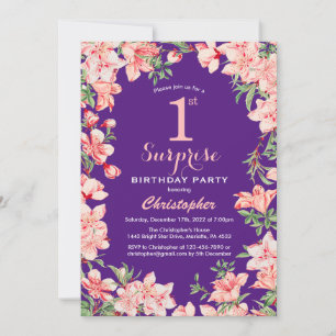Surprise 1st Birthday Pink Floral Flowers Purple  Invitation