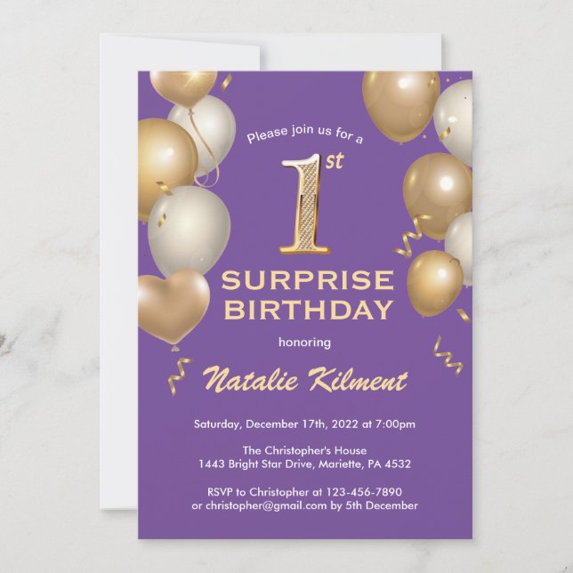 Surprise 1st Birthday Purple and Gold Balloons Invitation (Front)
