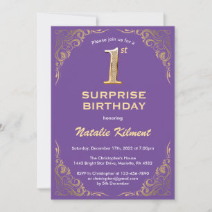 Surprise 1st Birthday Purple and Gold Glitter Invitation