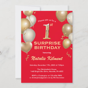 Surprise 1st Birthday Red and Gold Balloons Invitation