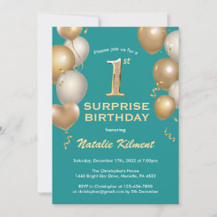 Surprise 1st Birthday Teal and Gold Balloons Invitation