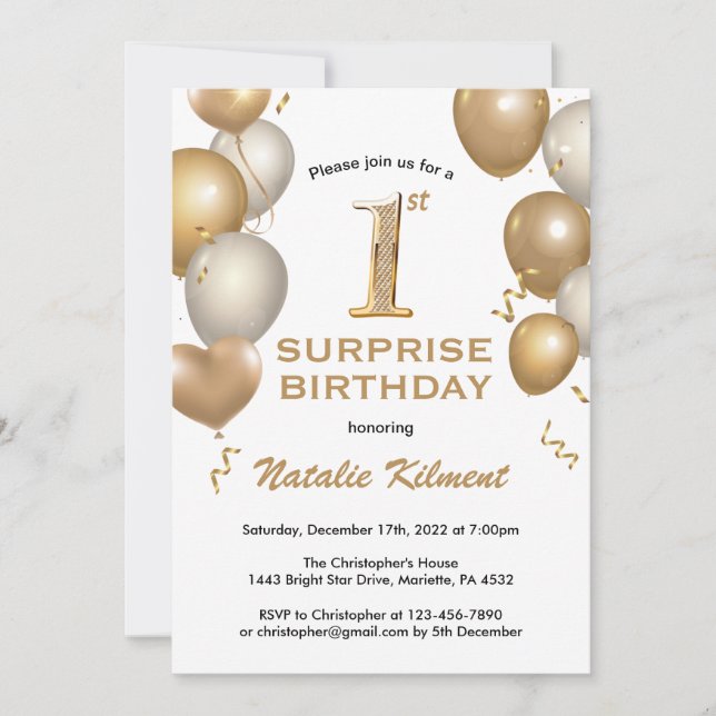 Surprise 1st Birthday White and Gold Balloons Invitation (Front)
