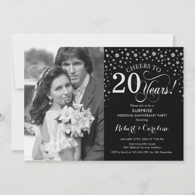 Surprise 20th Anniversary with Photo Black Silver Invitation (Front)