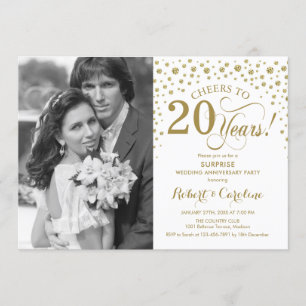 Surprise 20th Anniversary with Photo White Gold Invitation