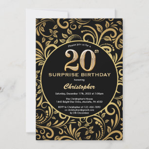 Surprise 20th Birthday Black and Gold Floral Invitation