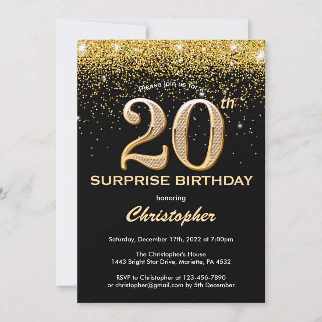 Surprise 20th Birthday Black and Gold Glitter Invitation (Front)