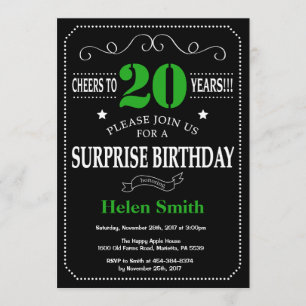 Surprise 20th Birthday Black and Green Chalkboard Invitation