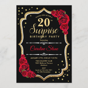 Surprise 20th Birthday - Black Gold Red Invitation