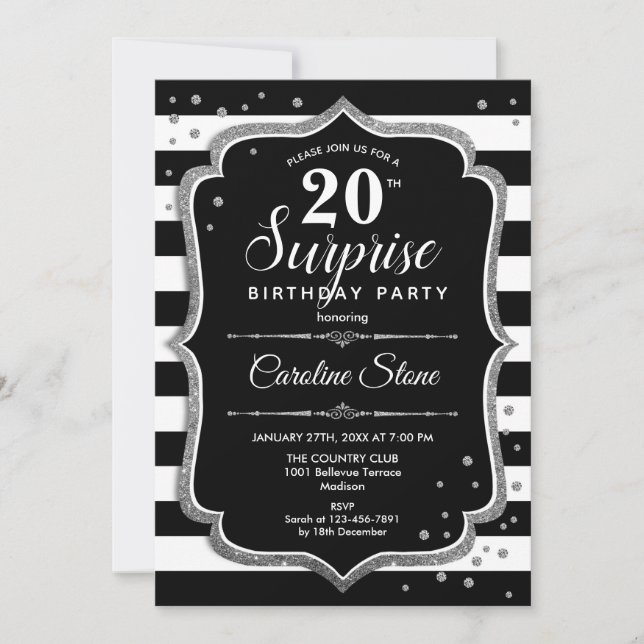 Surprise 20th Birthday - Black White Silver Invitation (Front)