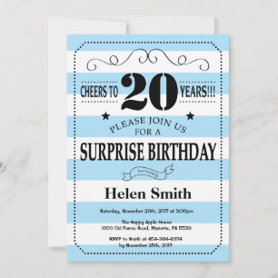 Surprise 20th Birthday Blue and White Stripes Invitation
