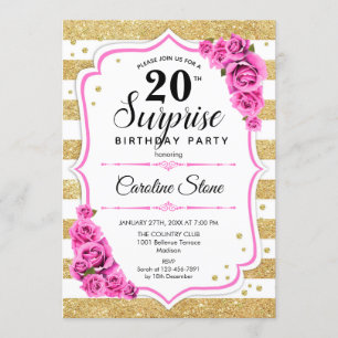 Surprise 20th Birthday - Gold White Pink Invitation