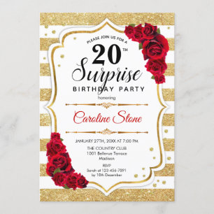 Surprise 20th Birthday - Gold White Red Invitation
