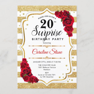 Surprise 20th Birthday - Gold White Red Invitation