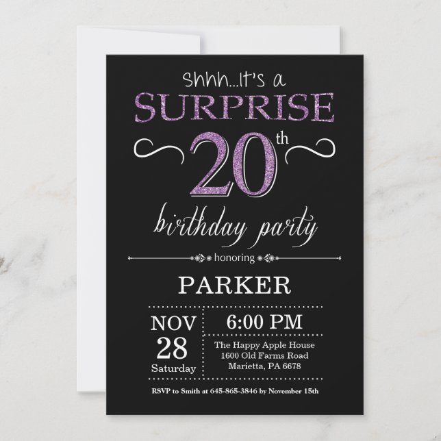 Surprise 20th Birthday Invitation Black and Purple (Front)