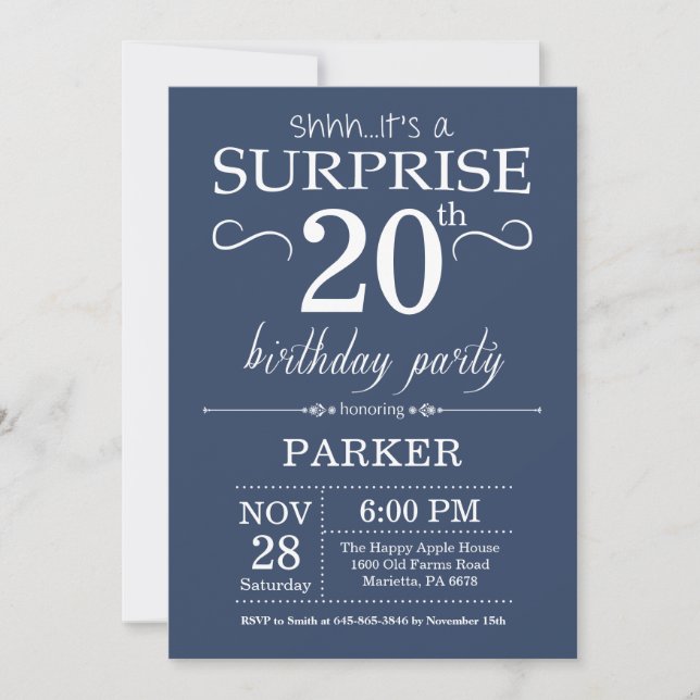 Surprise 20th Birthday Invitation Blue (Front)
