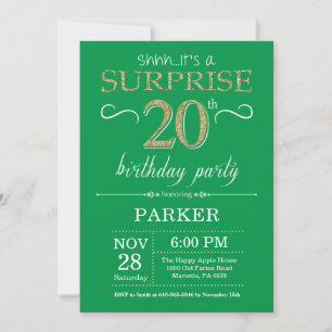 Surprise 20th Birthday Invitation Green and Gold