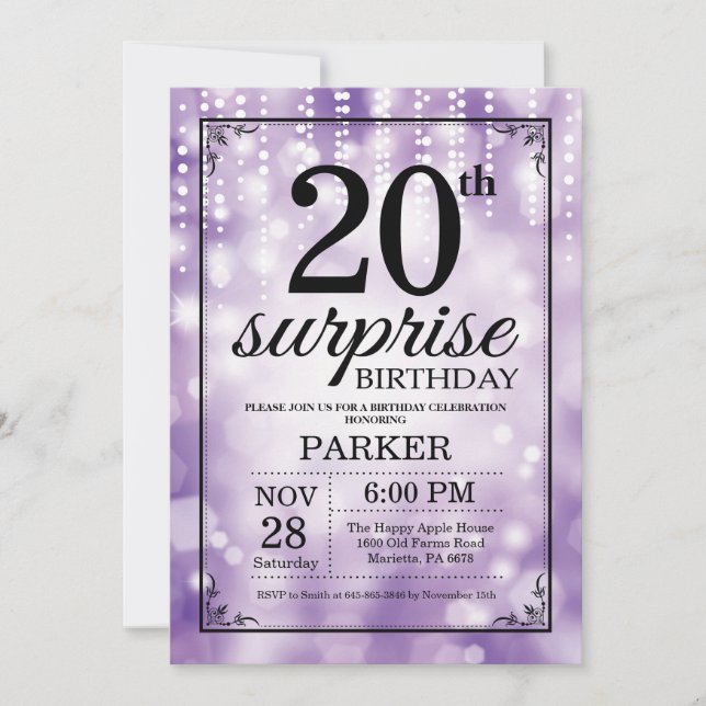 Surprise 20th Birthday Invitation Purple Glitter (Front)