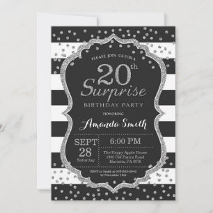 Surprise 20th Birthday Invitation. Silver Glitter Invitation