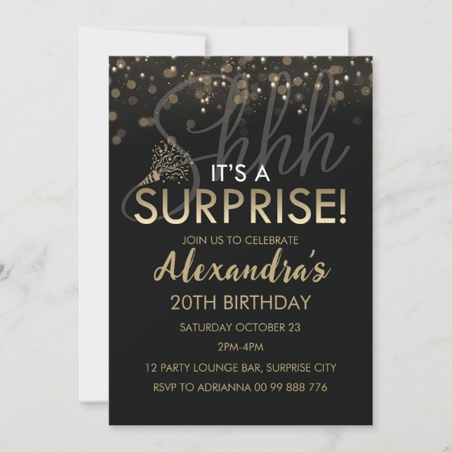 Surprise 20th Birthday Party Black Gold for women Invitation (Front)