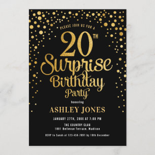 Surprise 20th Birthday Party - Black & Gold Invitation