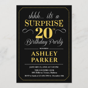 Surprise 20th Birthday Party - Black Gold Invitation