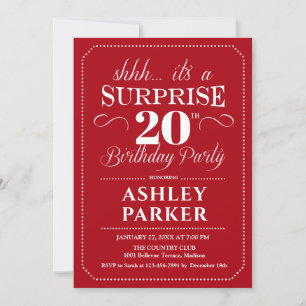Surprise 20th Birthday Party - Red White Invitation