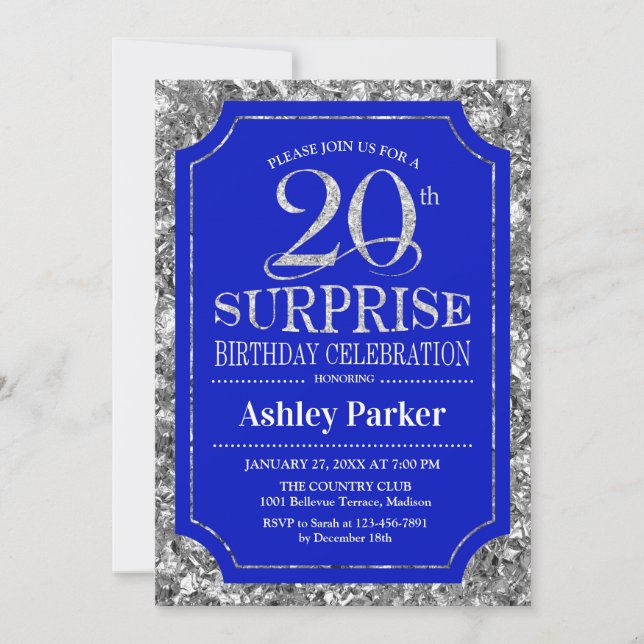 Surprise 20th Birthday Party - Silver Royal Blue Invitation (Front)