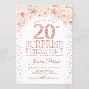 Surprise 20th Birthday Party - White Rose Gold Invitation