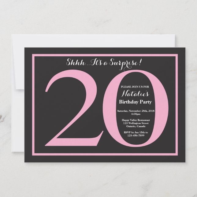Surprise 20th Birthday Pink and Black Chalkboard Invitation (Front)