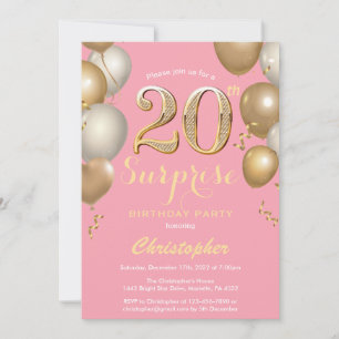 Surprise 20th Birthday Pink and Gold Balloons Invitation