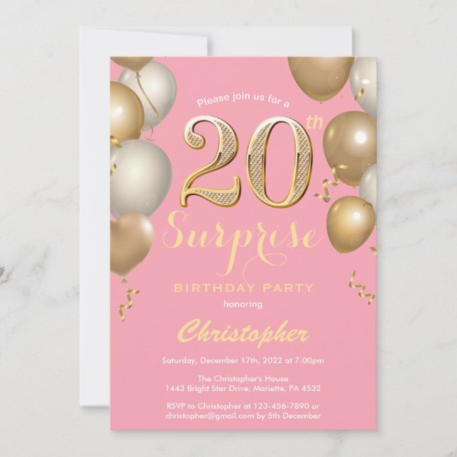 Surprise 20th Birthday Pink and Gold Balloons Invitation (Front)