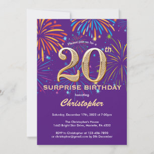 Surprise 20th Birthday Purple and Gold Firework Invitation