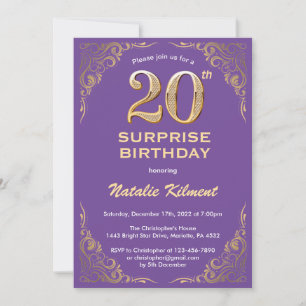 Surprise 20th Birthday Purple and Gold Glitter Invitation