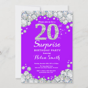 Surprise 20th Birthday Purple and Silver Diamond Invitation