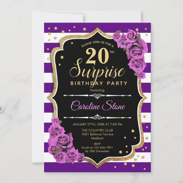 Surprise 20th Birthday - Purple Gold Invitation (Front)
