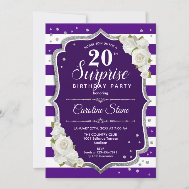 Surprise 20th Birthday - Purple Silver Invitation (Front)
