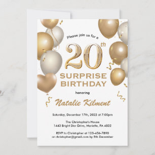 Surprise 20th Birthday White and Gold Balloons Invitation
