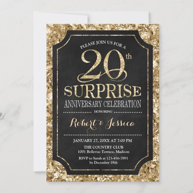 Surprise 20th Wedding Anniversary - Black Gold Invitation (Front)