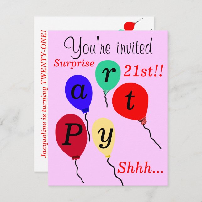 Surprise 21st Birthday Balloons Pink Invitation (Front/Back)