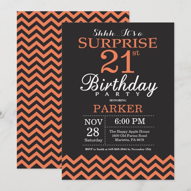 Surprise 21st Birthday Black and Coral Chevron Invitation (Front/Back)
