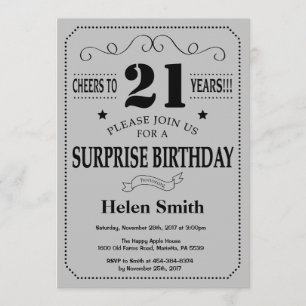 Surprise 21st Birthday Black and Silver Grey Invitation