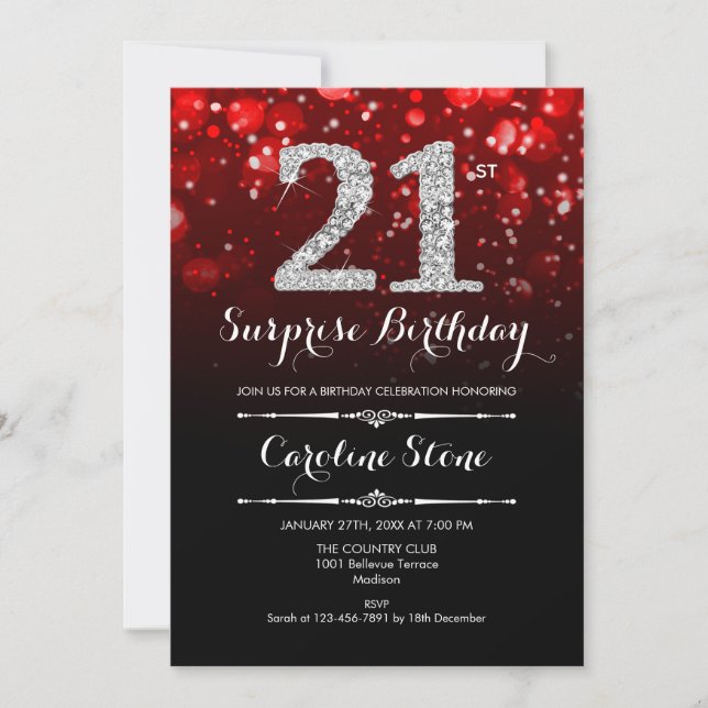 Surprise 21st Birthday - Black Red Silver Invitation (Front)