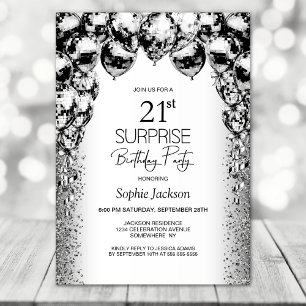 Surprise 21st Birthday Black White Balloons Party Invitation