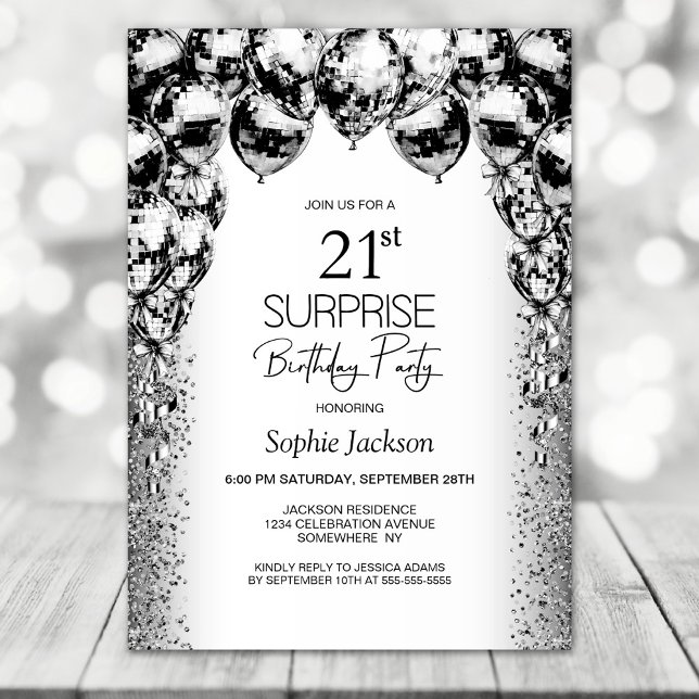 Surprise 21st Birthday Black White Balloons Party Invitation (Creator Uploaded)