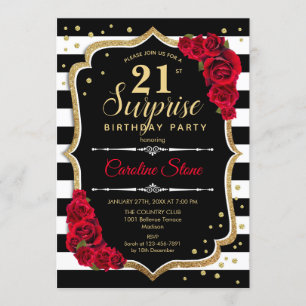 Surprise 21st Birthday - Black White Red Invitation